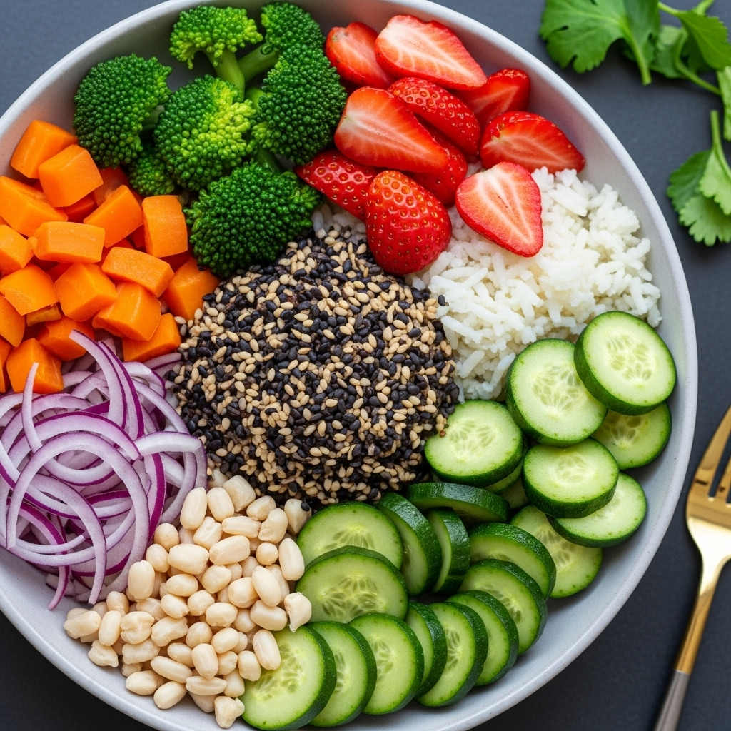 A close-up shot of the fresh ingredients for the vegan power bowl, highlighting the textures and vibrant colors.