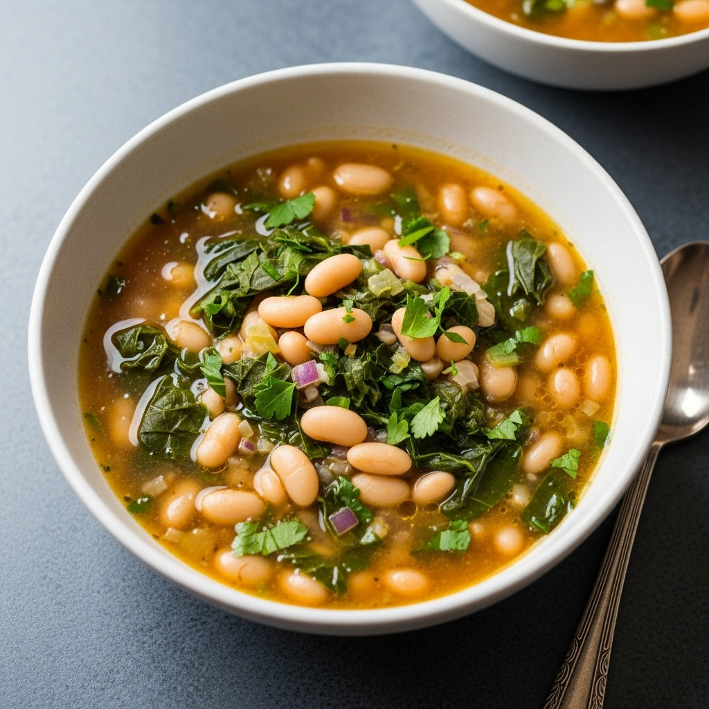 Creamy Vegan White Bean & Greens Soup in a bowl