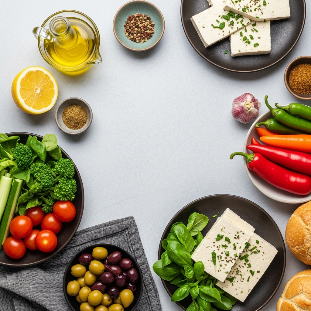 A visually appealing flat lay of the ingredients used in the Greek-inspired vegan tofu sandwich: lemon, olive oil, spices, tofu, fresh vegetables, olives, and bread.