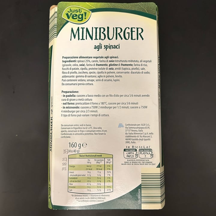 photo of Just Veg! (ALDI Italy) Miniburger agli Spinaci shared by @andrea76 on  02 Sep 2023 - review