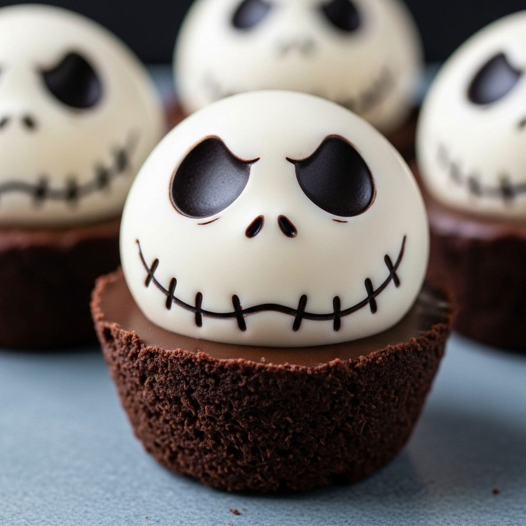 Close-up of a homemade vegan Jack Skellington chocolate coconut cup, showcasing the intricate face detailing.