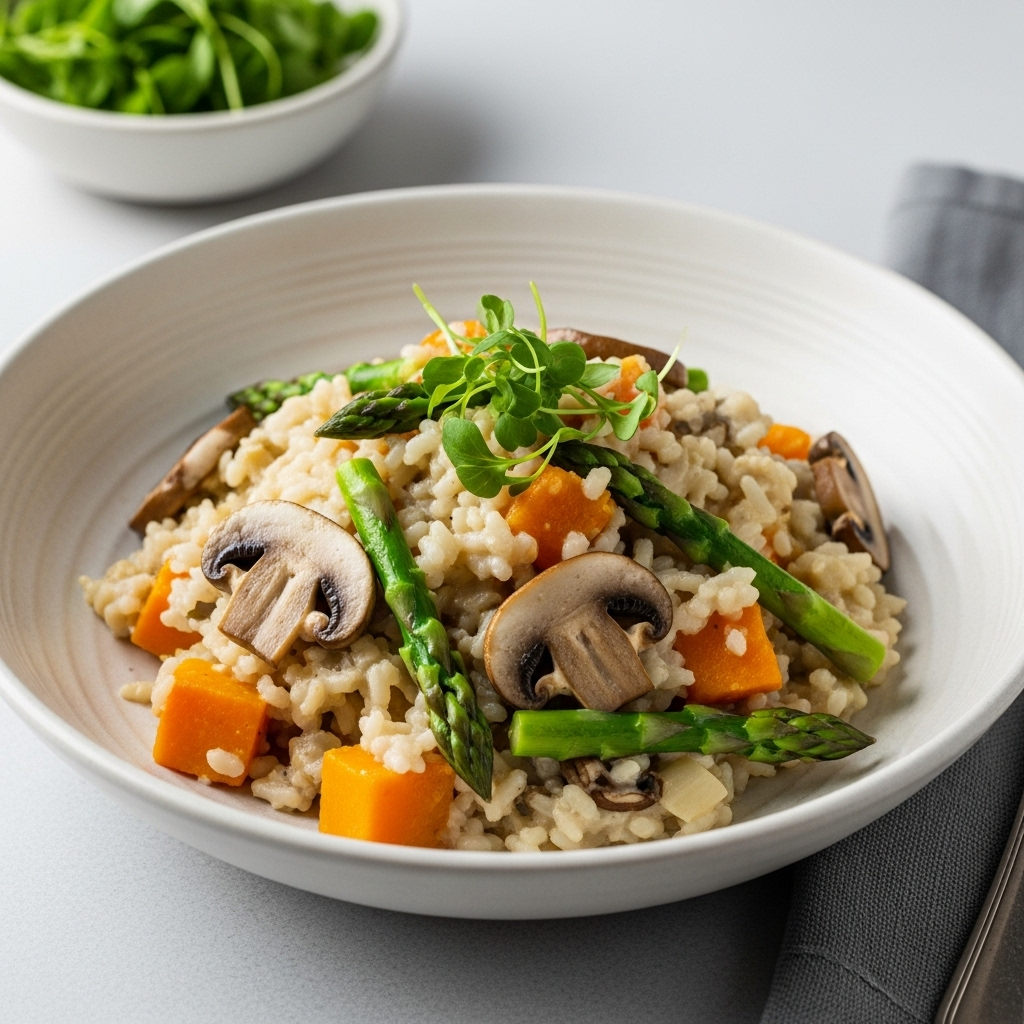 A perfectly plated bowl of creamy vegan mushroom, pumpkin, and asparagus risotto, garnished with fresh herbs.