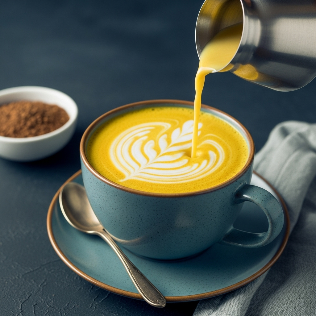 A delicious golden milk latte artfully prepared in a cup.