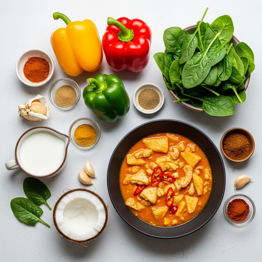 A beautifully arranged selection of fresh ingredients for a vegan coconut curry, including vibrant bell peppers, creamy coconut milk, aromatic spices, and green spinach, ready for cooking.