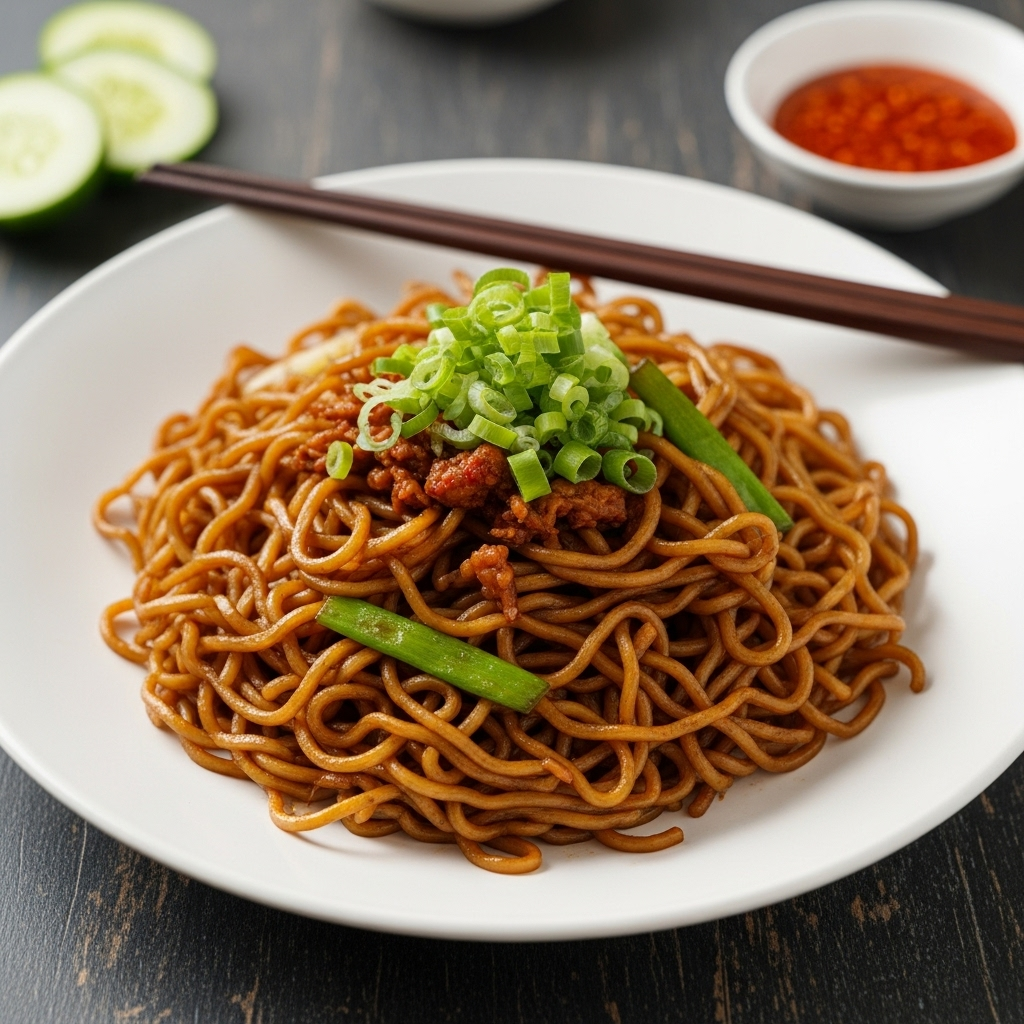 Another angle of the prepared Koka-style black pepper fried noodles, highlighting the added ingredients.