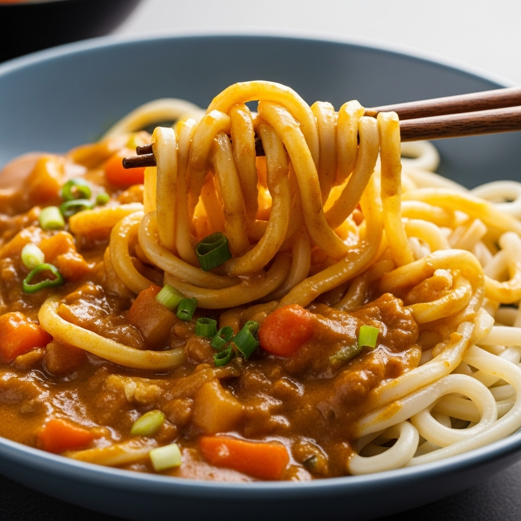 Close-up of the flavorful vegan curry udon, highlighting the tender udon noodles and vibrant curry sauce.