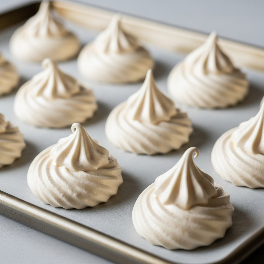 Perfectly piped vegan aquafaba meringues on a baking tray.