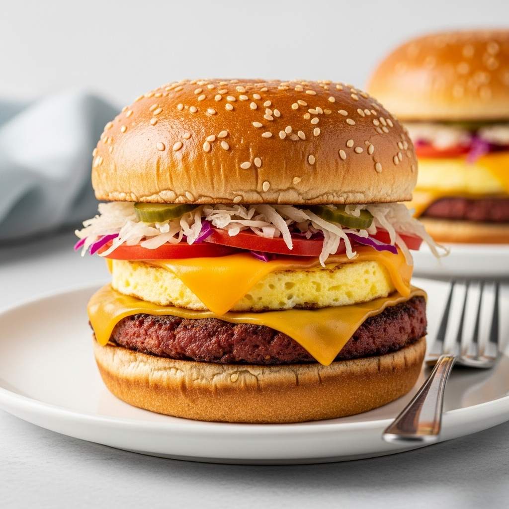Visually appealing shot of the completed vegan Reuben breakfast sandwich, showing the layers of vegan corned beef, kraut, melted cheese, and egg patty.