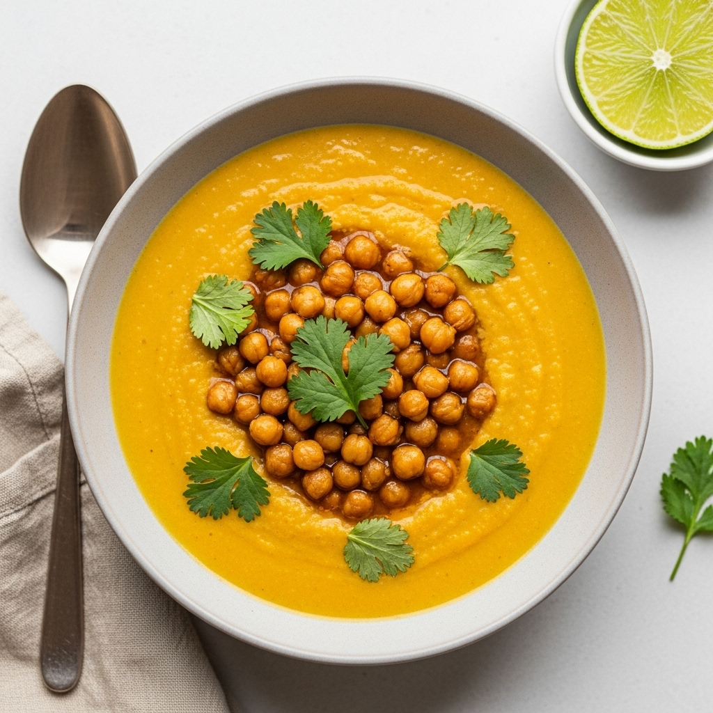 Cozy Vegan Pumpkin Ginger Soup topped with Crispy Curried Chickpeas, Cilantro, and Lime