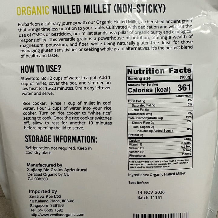 photo of Zestiva Organic Hulled Millet shared by @merlaw on  01 Oct 2025 - review