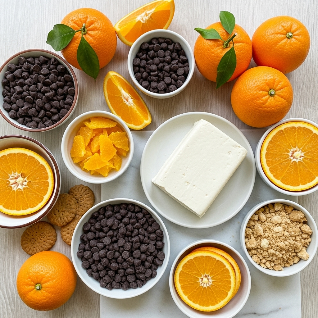 A beautifully arranged spread of ingredients for a vegan chocolate orange truffle tart, including dark chocolate chips, fresh oranges, silken tofu, and crushed vegan biscuits, against a light, inviting background.