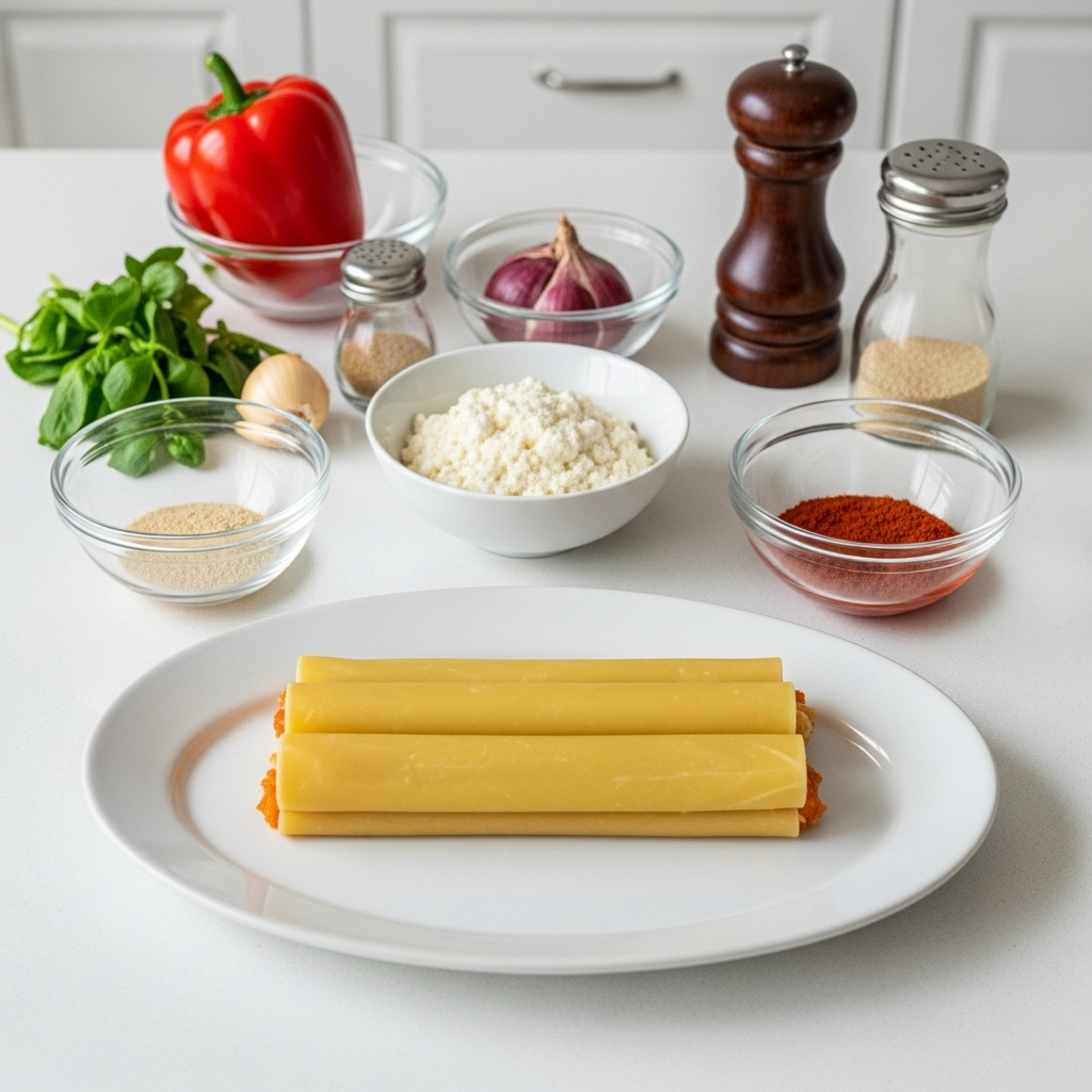 Ingredients for Vegan Cannelloni laid out on a kitchen counter.
