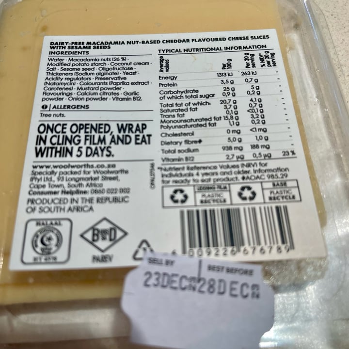 photo of Woolworths Food Plant Love Dairy-free macadamia nut-based cheddar shared by @annetaylor on  13 Dec 2023 - review