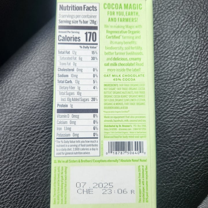 photo of Dr. Bronner’s Magic All-One Chocolate Crunchy Hazelnut Butter Oat Milk Chocolate shared by @picklesnickels on  23 Apr 2024 - review
