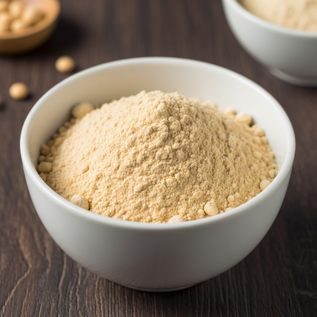 A bowl filled with the fine, unflavored Pulsin Soya Protein Isolate powder.