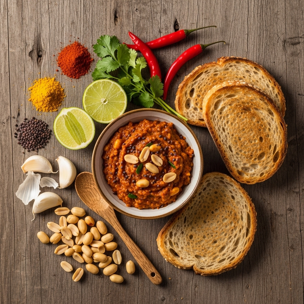 Ingredients for Spicy Peanut Chutney Toast laid out on a wooden surface with a small bowl and toast.
