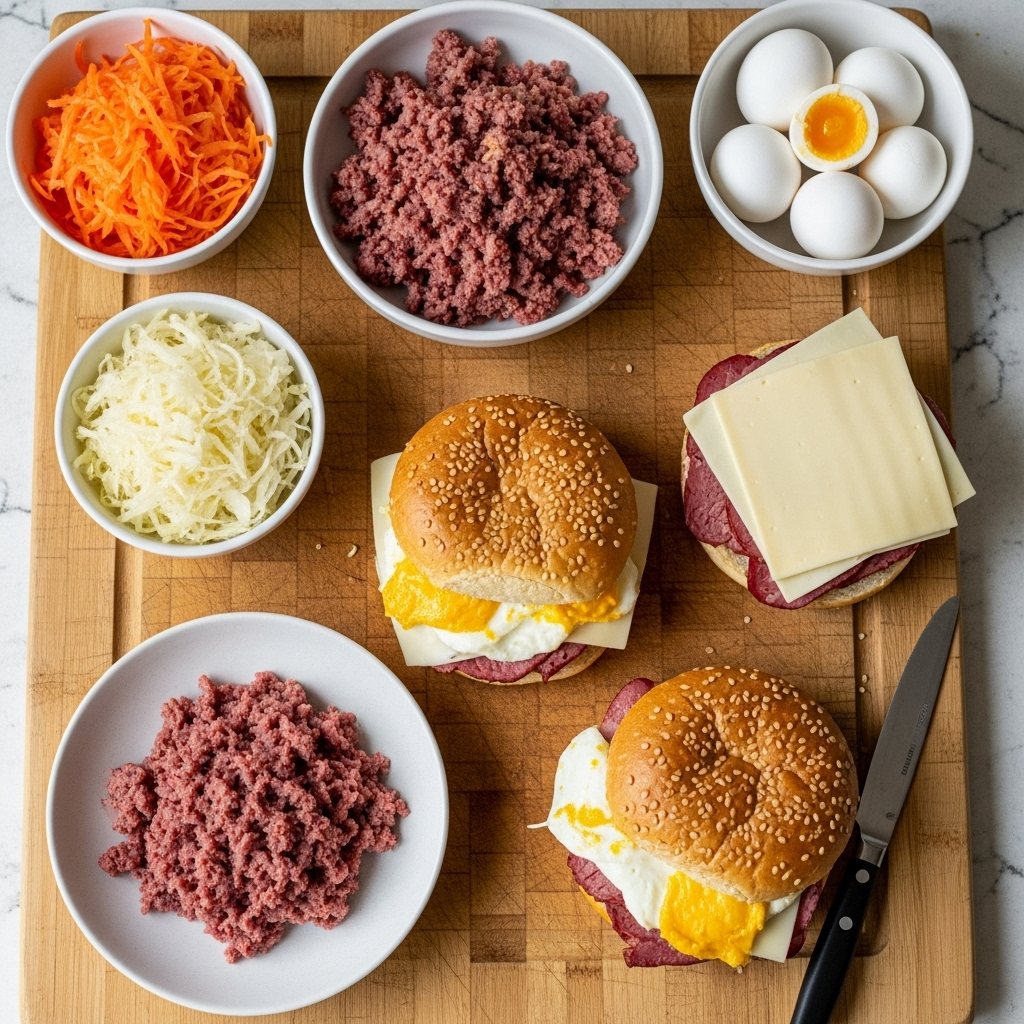 Ingredients for the vegan Reuben breakfast sandwich laid out on a cutting board, including vegan corned beef, kraut, vegan cheese, and egg alternative, ready for assembly.