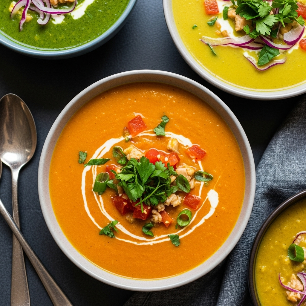 Assorted vibrant vegan soups