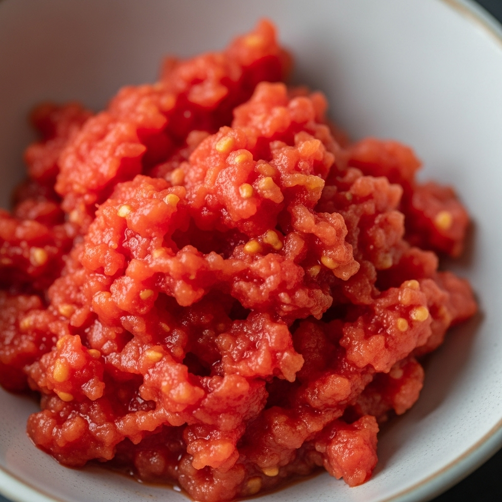 Close-up of crushed tomatoes in a bowl, showcasing their texture, ready for cooking.
