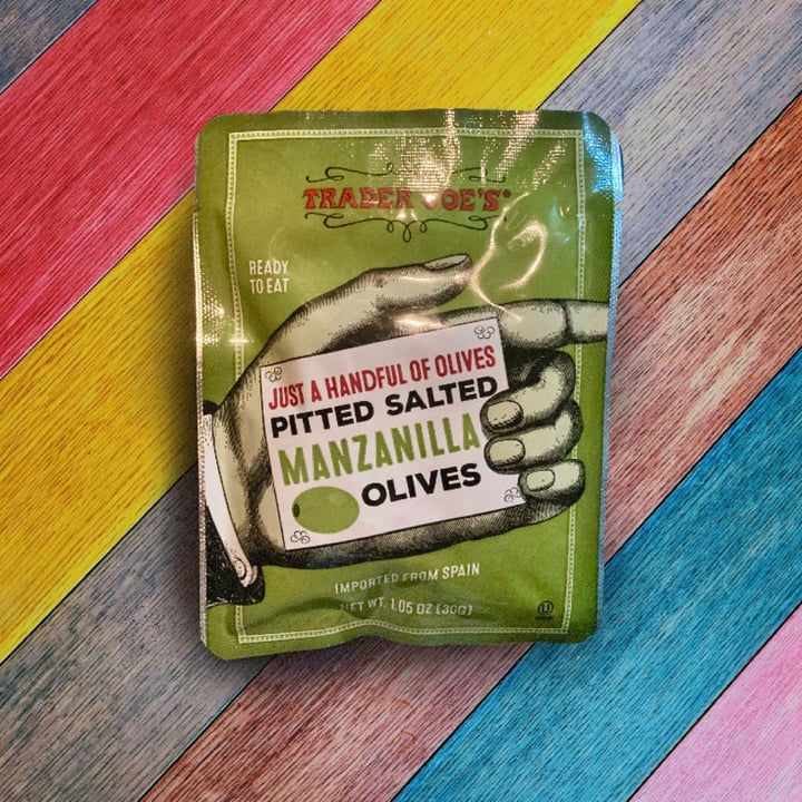 photo of Trader Joe's Just a Handful of Olives Pitted Salted Manzanilla Olives shared by @glutenfreevee on  28 Mar 2024 - review