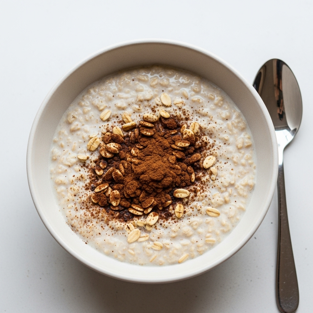 A delicious bowl of creamy overnight oats or porridge, enhanced with protein powder, ready for breakfast.