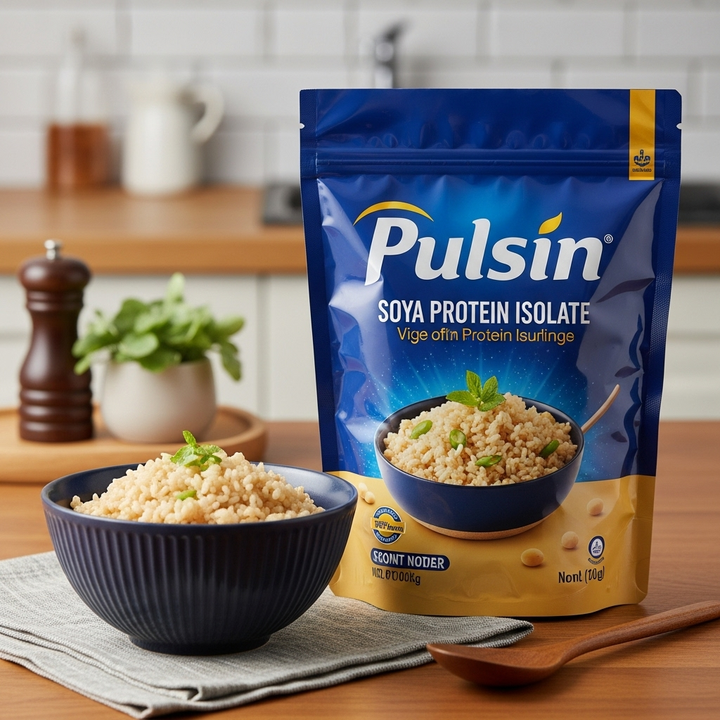 A wider shot of the Pulsin Soya Protein Isolate packaging, emphasizing the product.