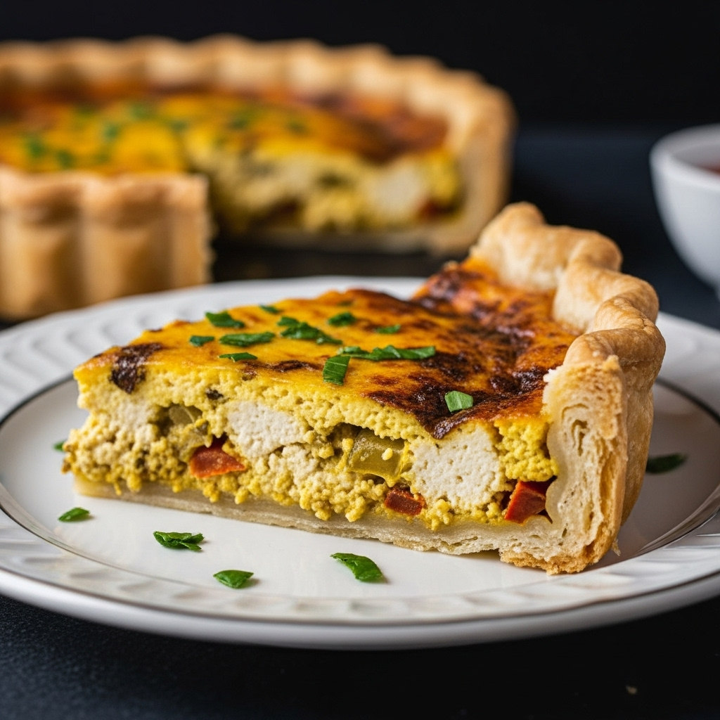 A close-up of a slice of vegan tofu quiche, revealing its rich, savory interior and flaky pastry.