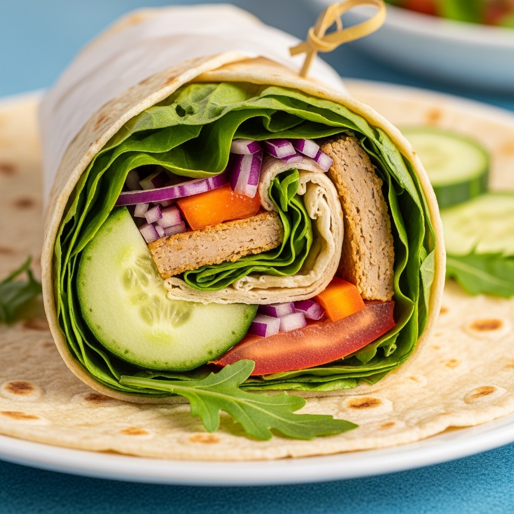 Close-up of a delicious vegan wrap filled with fresh vegetables and plant-based protein, showcasing its healthy and appealing ingredients.