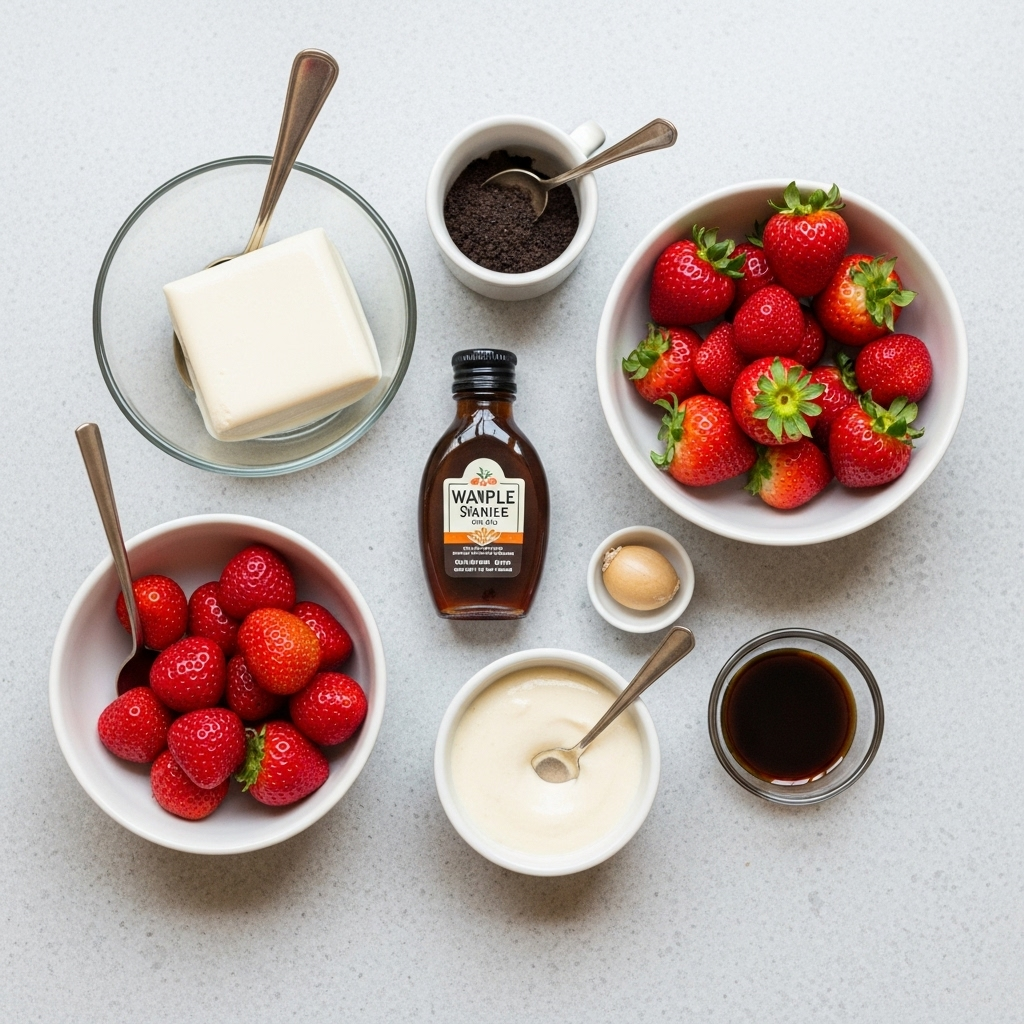 Ingredients for high-protein vegan strawberry tofu pudding laid out on a table, including silken tofu, strawberries, maple syrup, and vanilla extract.