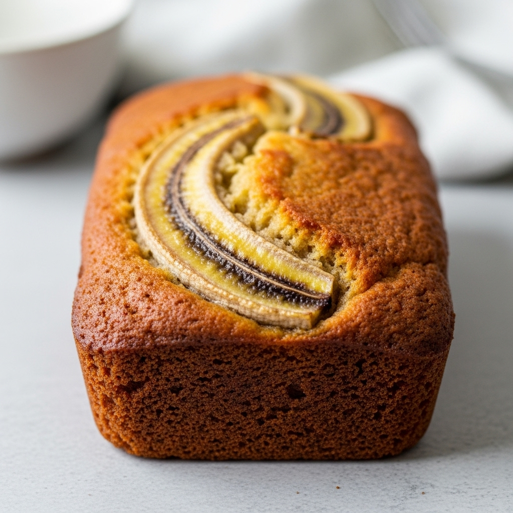 A close-up of a perfectly baked vegan banana loaf, golden brown and inviting.
