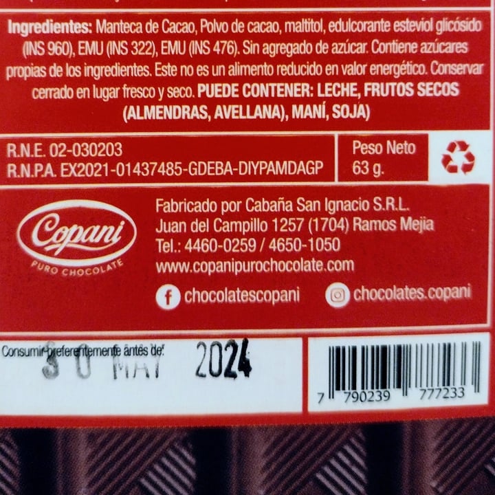 photo of Copani Chocolate 55% Cacao sin Azúcar. Endulzada Con Stevia shared by @alejandraglck on  10 Feb 2024 - review