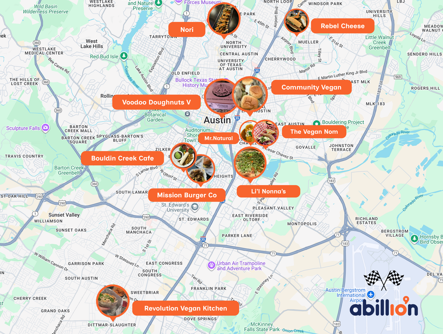 Austin F1 Vegan food map