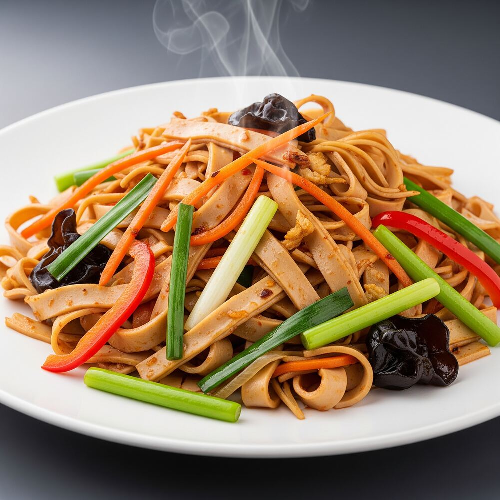 Vegetarian baiye tofu noodle Chinese stir-fry