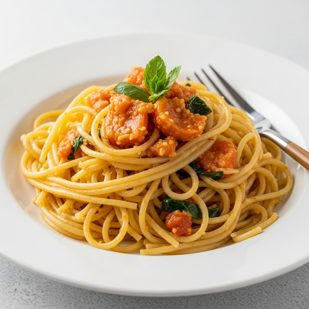 The cooked angel hair pasta, perfectly delicate and ready to be tossed with the flavorful sauce.