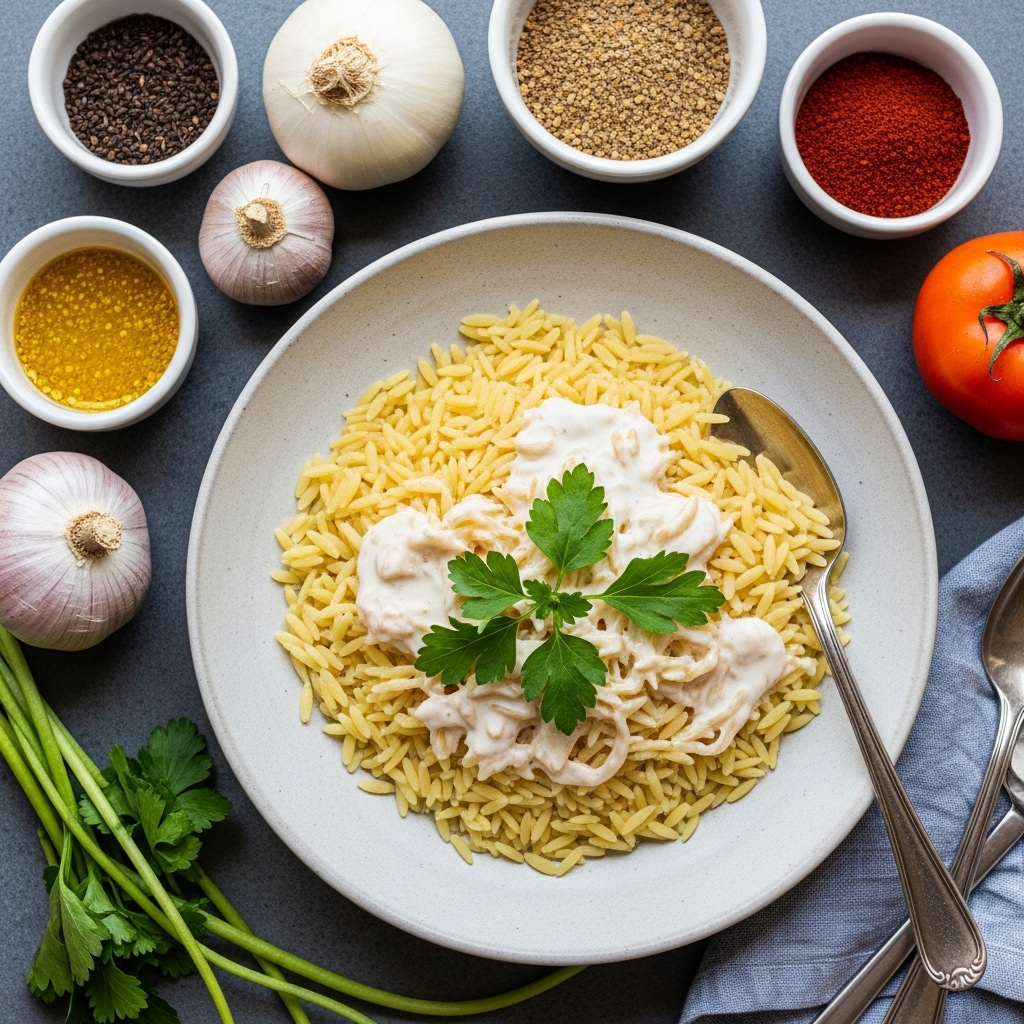 Visually appealing layout of fresh ingredients for creamy vegan orzo.