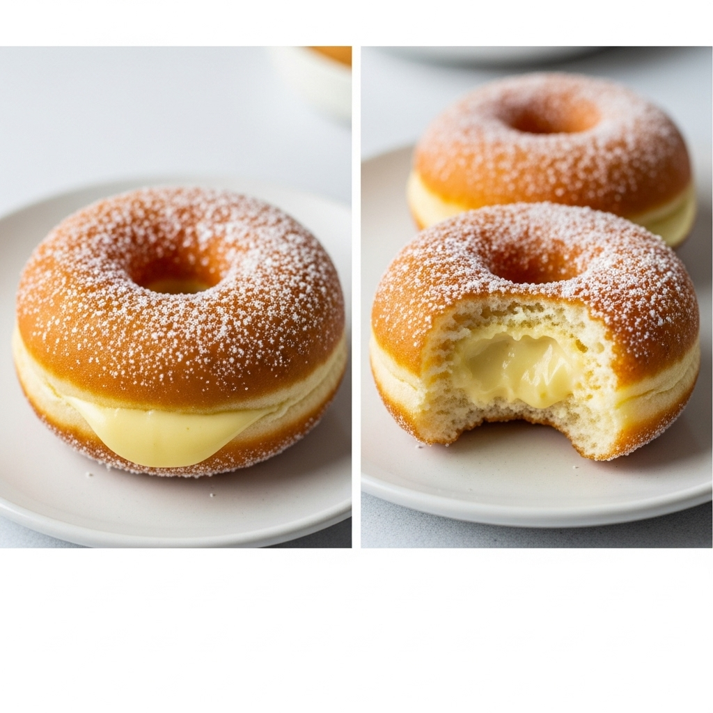 Accidentally Vegan Custard Donuts - Two custard donuts side-by-side, one whole and one with a bite taken out, revealing the creamy custard filling.