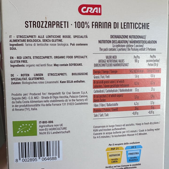 photo of Crai strozzapreti lenticchie rosse shared by @babette on  21 Jan 2025 - review