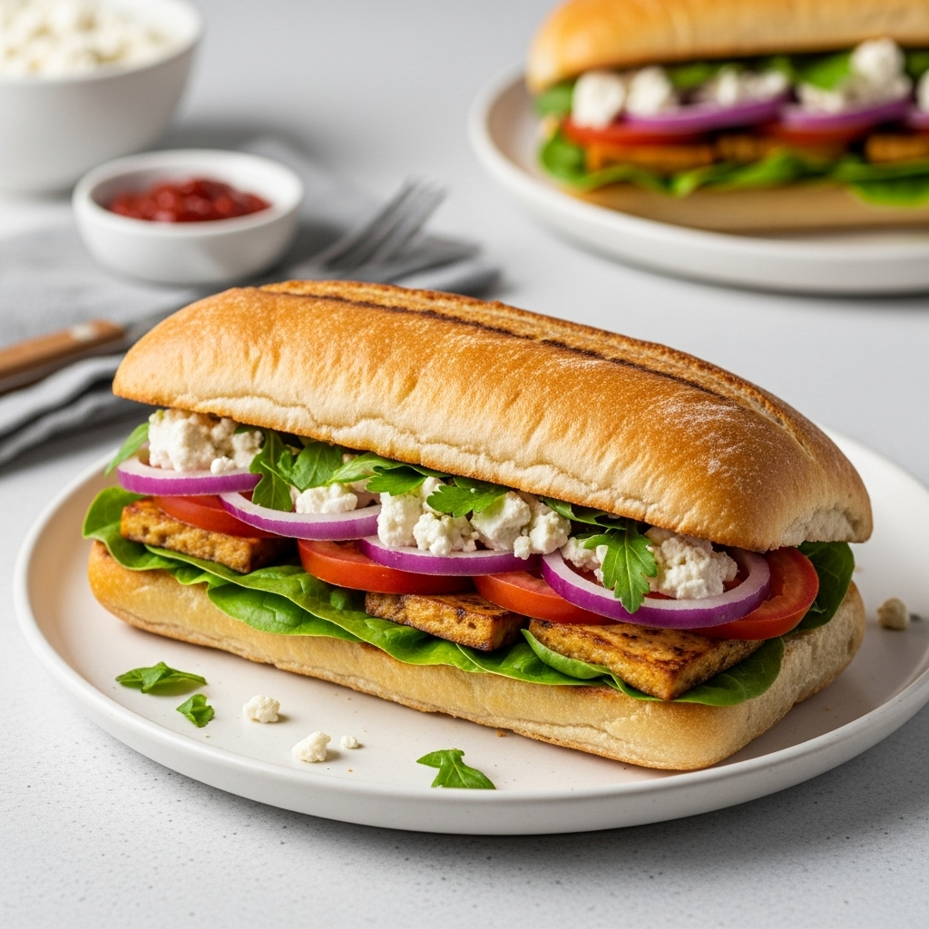The full Greek-inspired tofu sandwich, ready to be enjoyed, with a focus on the toasted ciabatta and generous fillings.