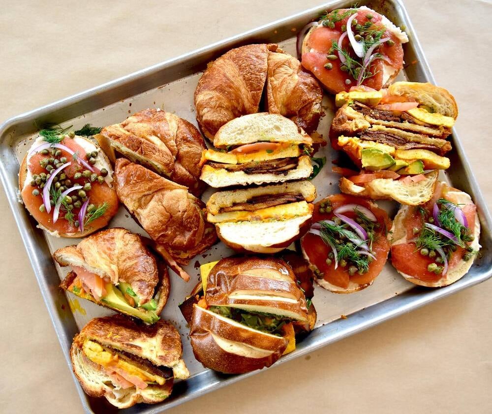 Top view of tray of sandwiches