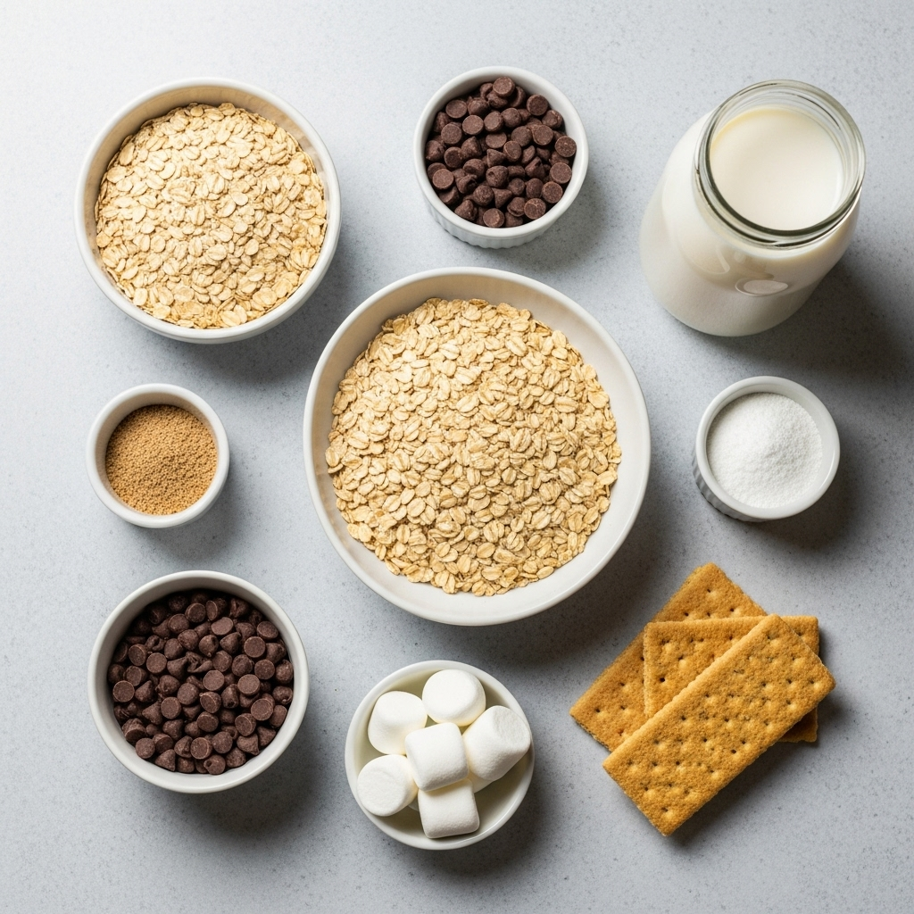 Ingredients for Vegan S'mores Overnight Oats laid out, including oats, plant milk, chocolate chips, marshmallows, and graham crackers.