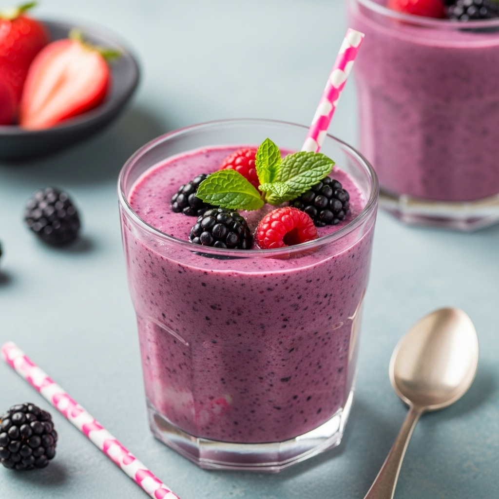 A beautiful, vibrant purple and pink berry smoothie in a clear glass, garnished with fresh berries and a sprig of mint, showcasing its refreshing and healthy appeal.