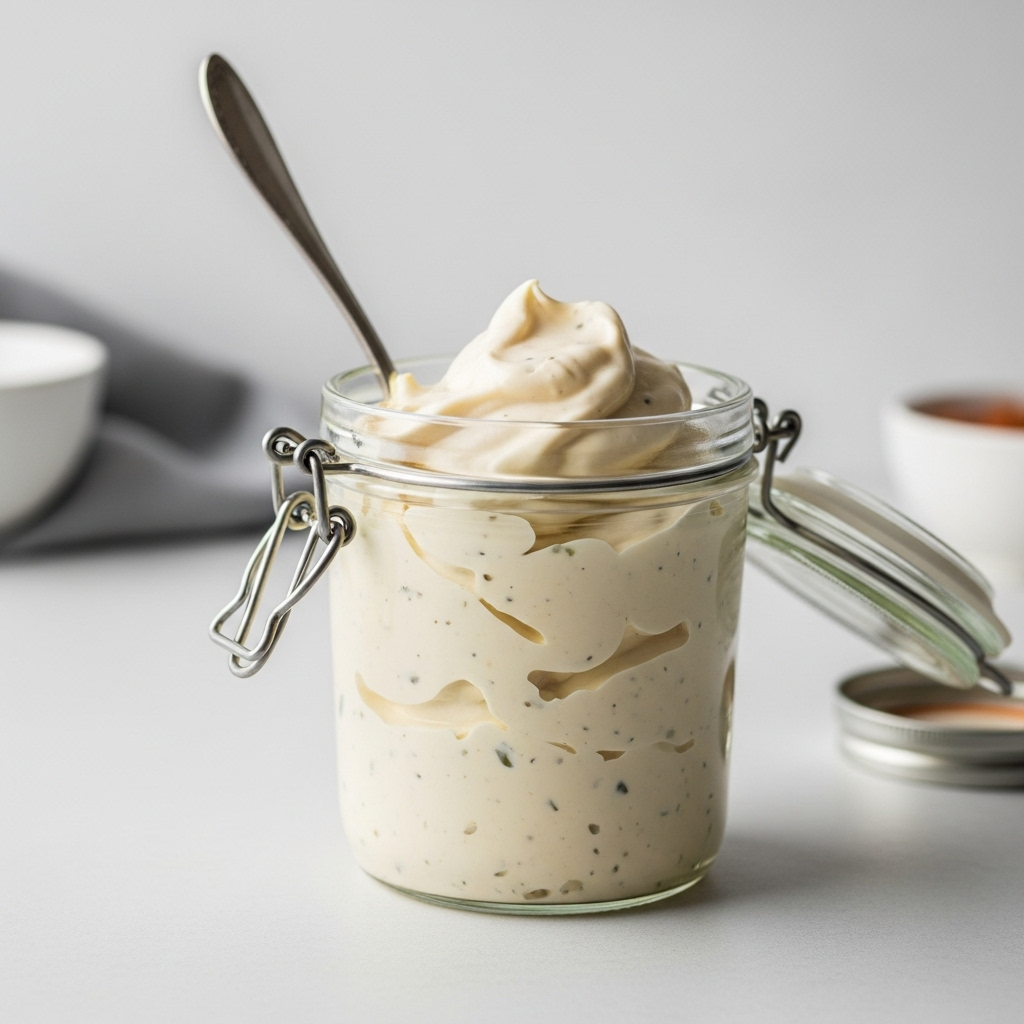 Finished creamy vegan mayonnaise in a glass jar