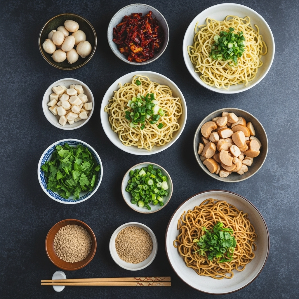 Ingredients laid out for a flavorful vegan Pan Mee.