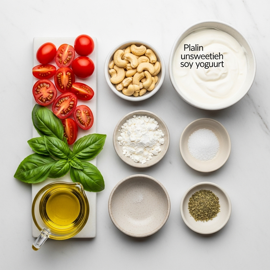 Ingredients for vegan burrata laid out on a clean surface: cashews, soy yogurt, cornstarch, salt, and serving suggestions like tomatoes, basil, olive oil, and oregano.