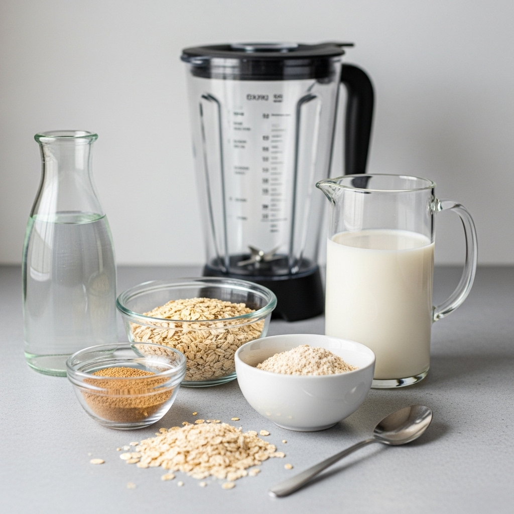 Ingredients for homemade plant milk laid out, including oats, water, and a blender in the background.