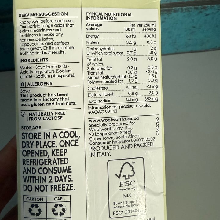 photo of Woolworths Food Barista Unsweetened Soya Mylk shared by @zsuz on  04 Apr 2025 - review