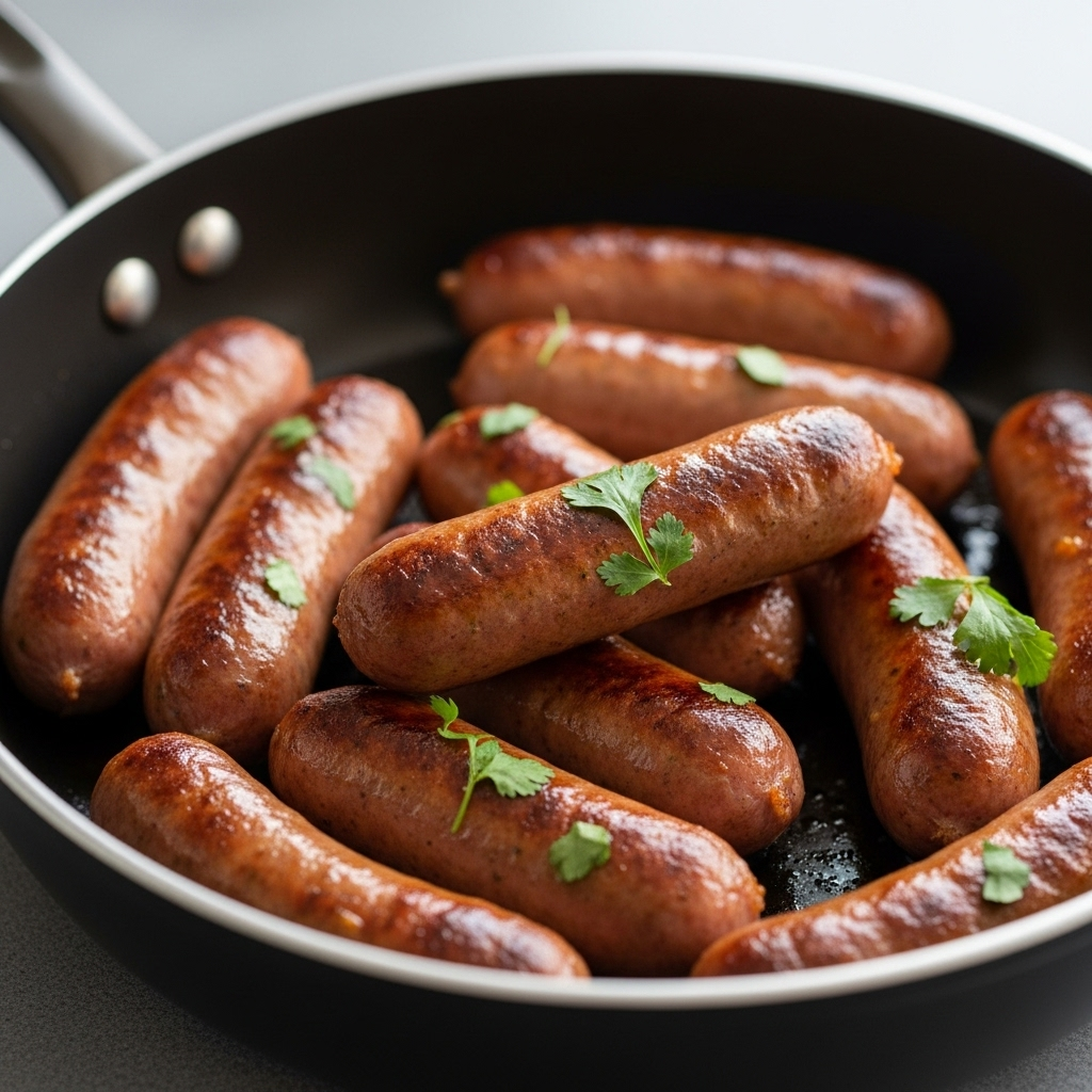 Close-up of roasted vegan sausages in a pan
