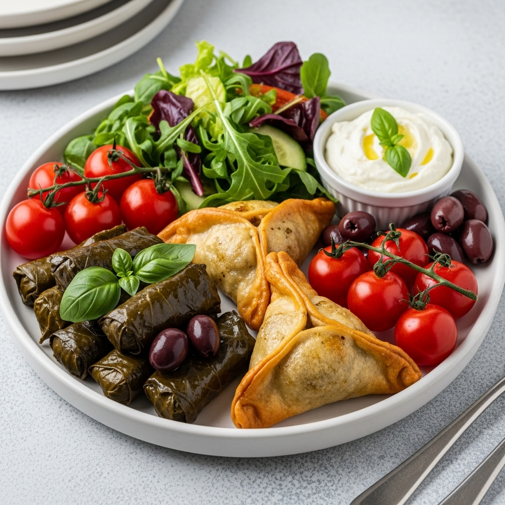 A beautifully arranged vegan Greek platter featuring dolmades, fresh cherry tomatoes, Kalamata olives, and a side of salad and dip.