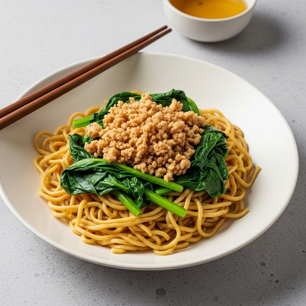 Vegan Pan Mee with savory Omn!Meat mince, vibrant Okinawan spinach, and perfectly cooked noodles.