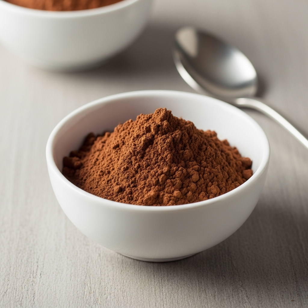 Fair trade cocoa powder in a small white bowl, ready for mixing into a delicious beverage.